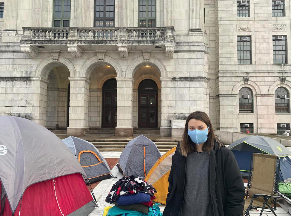 Camilla Pelliccia at the tent city in front of the State House on Thursday afternoon, Dec. 2, in support of the action being led by state Sen. Cynthia Mendes.